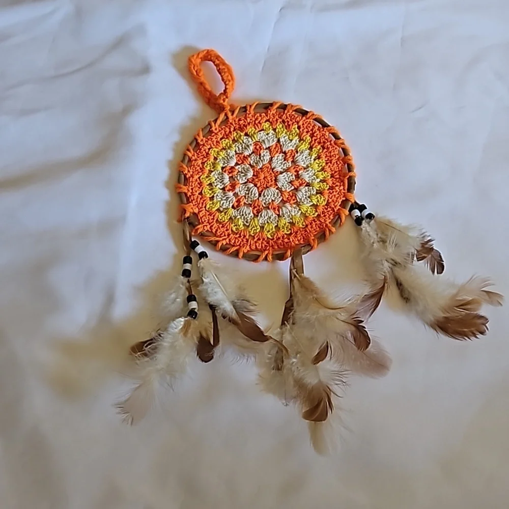 Hand Crafted Dreamcatcher Crochet orange handmade knit floral fall decor